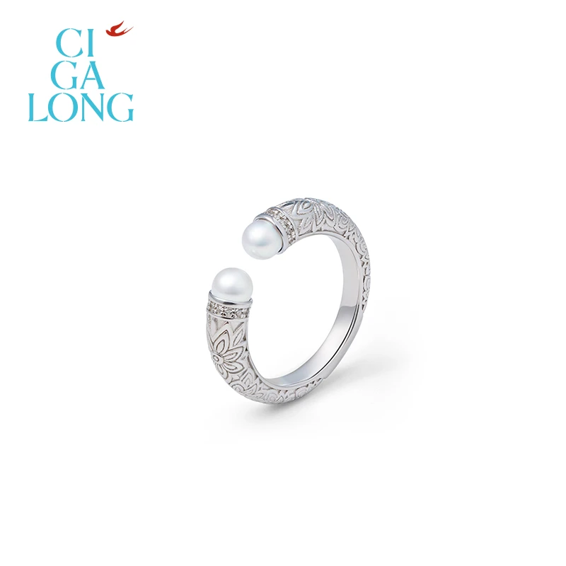CIGALONG莲花纹珍珠/绿松石/南红戒指