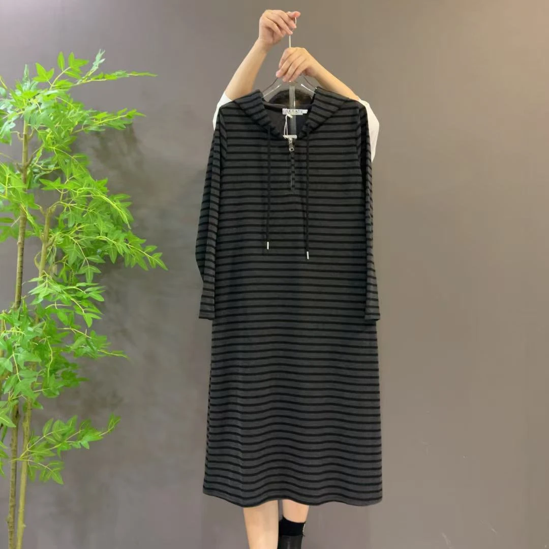 9261秋季时尚宽松休闲条纹连帽长袖大码连衣裙女法式慵懒风