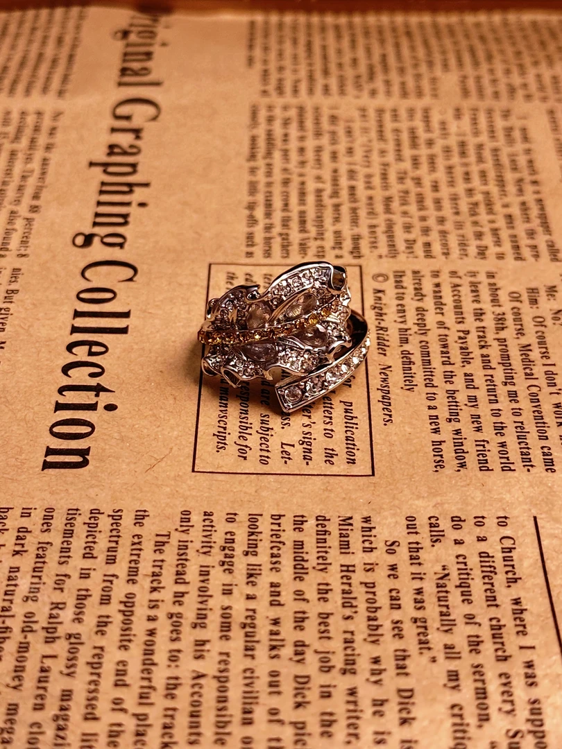 铜合金琉璃戒指 中古镀金树叶满镶戒指 R0214