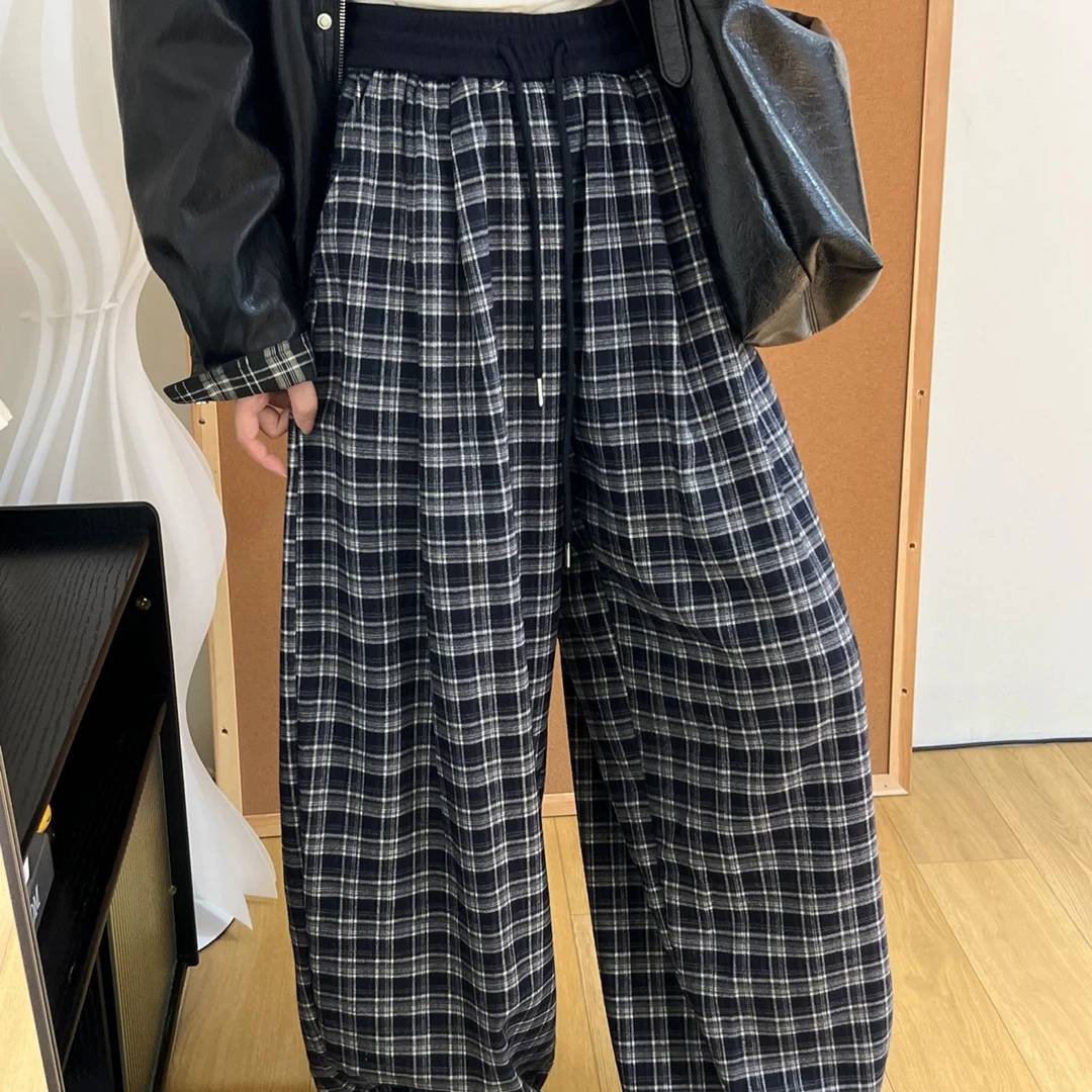 撞色格子高腰显瘦直筒休闲阔腿裤秋季藏青格子裤新款女