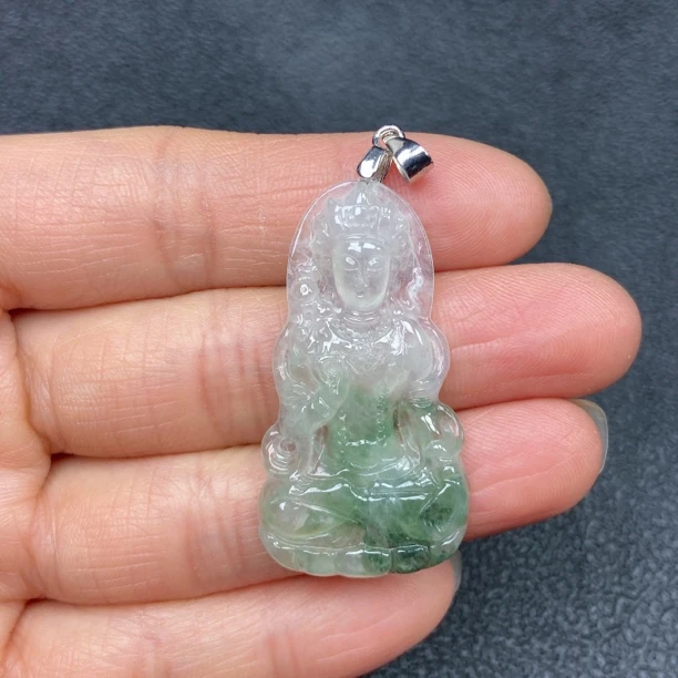 925银扣头冰润飘花度母观音菩萨吊坠天然翡翠a货39.8×21.3×4mm