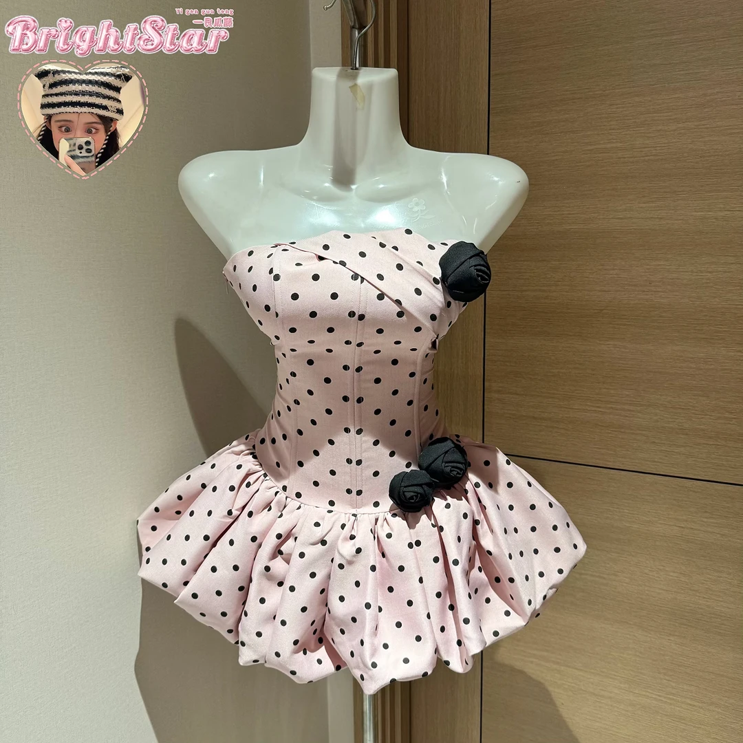 纯爱泡泡/新款波点褶皱收腰花苞裙辣妹抹胸蓬蓬连衣裙