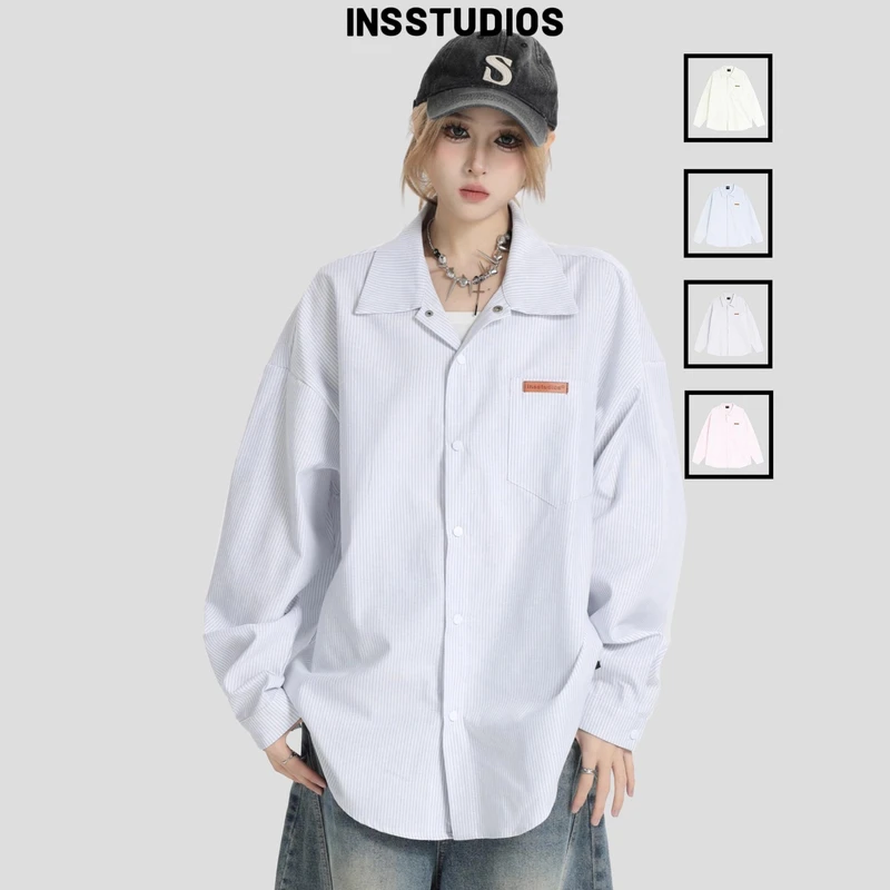 INSstudios国潮牌情侣美式小皮标LOGO条纹衬衫宽松长袖衬衣外套