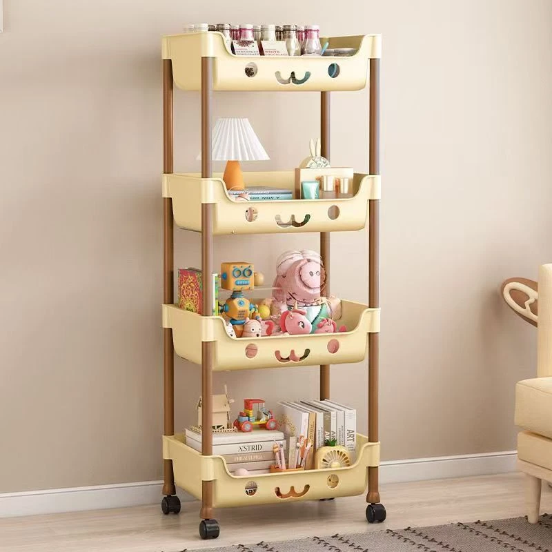 4层奶咖色置物架收纳储物架移动推车带轮子宿舍卧室卫生间零食架A