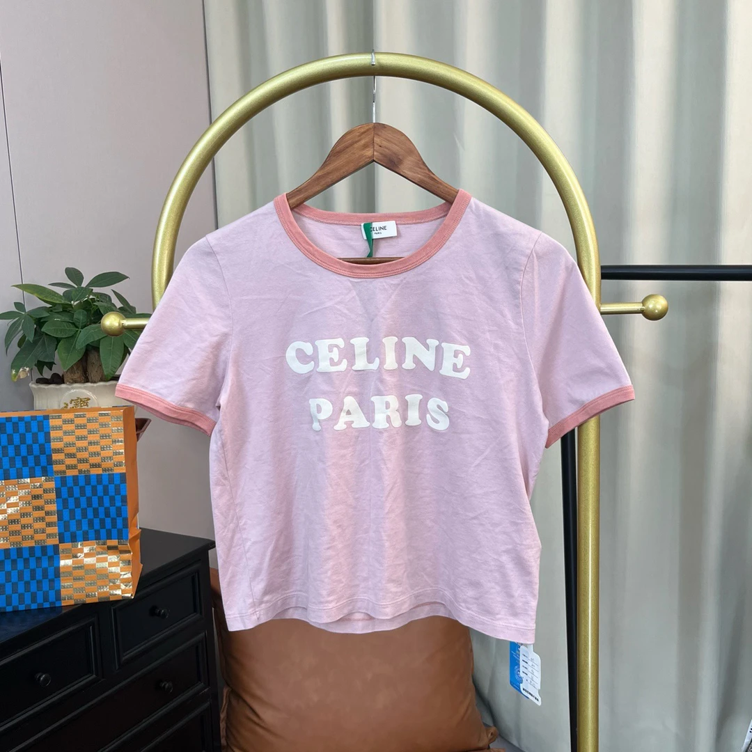 99新 Celine/思琳 25新款粉色胸前logo短袖 M码 99新
