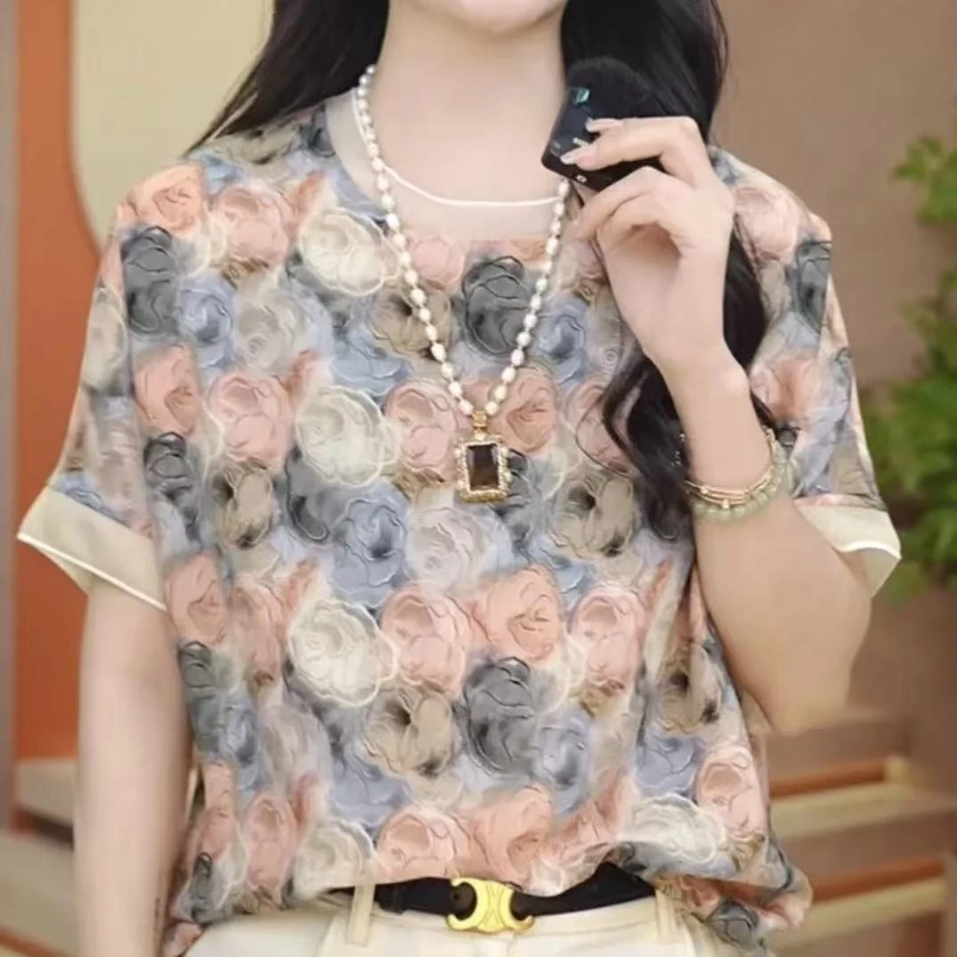 花团锦簇圆领薄款短袖独特别致上衣女2025夏季新款漂亮宽松小衫