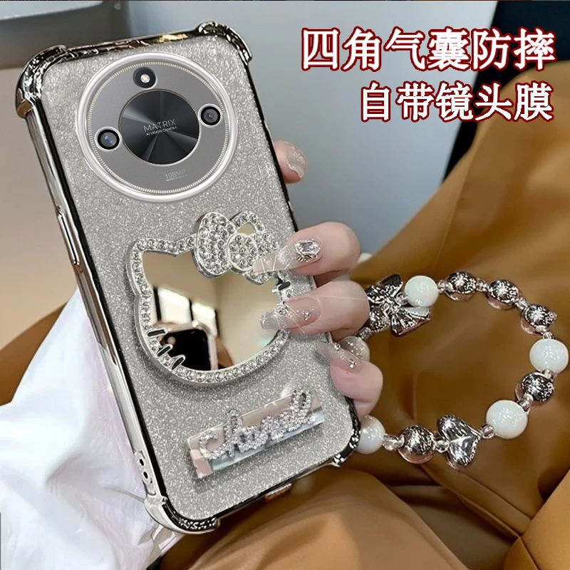 水钻KT猫补妆镜子华为荣耀X50Pro手机壳ALP-AN00四角防摔Honorx50
