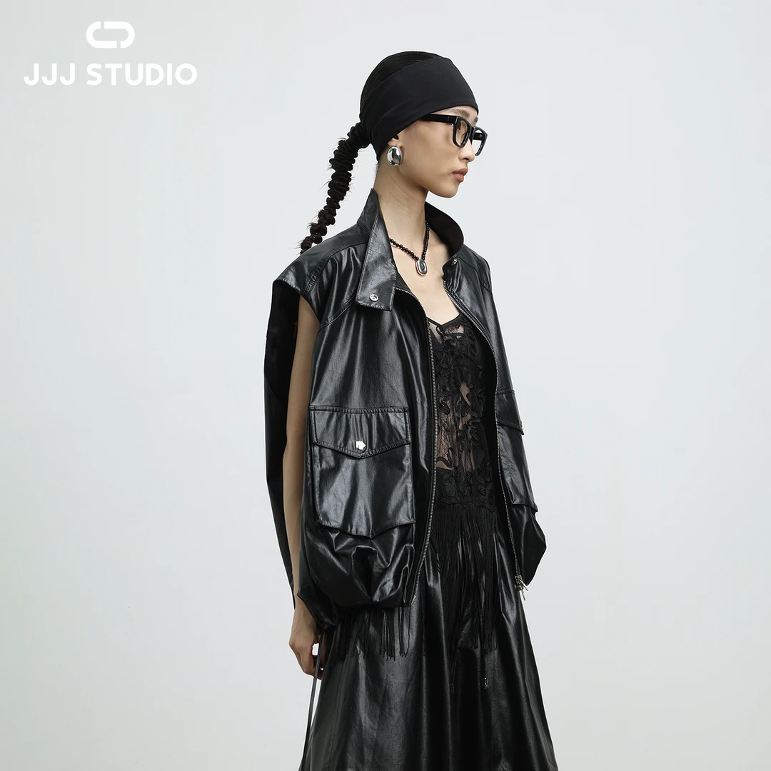 JJJ STUDIO 休闲黑色宽松无袖拼接秋季马夹JDWWA2W322