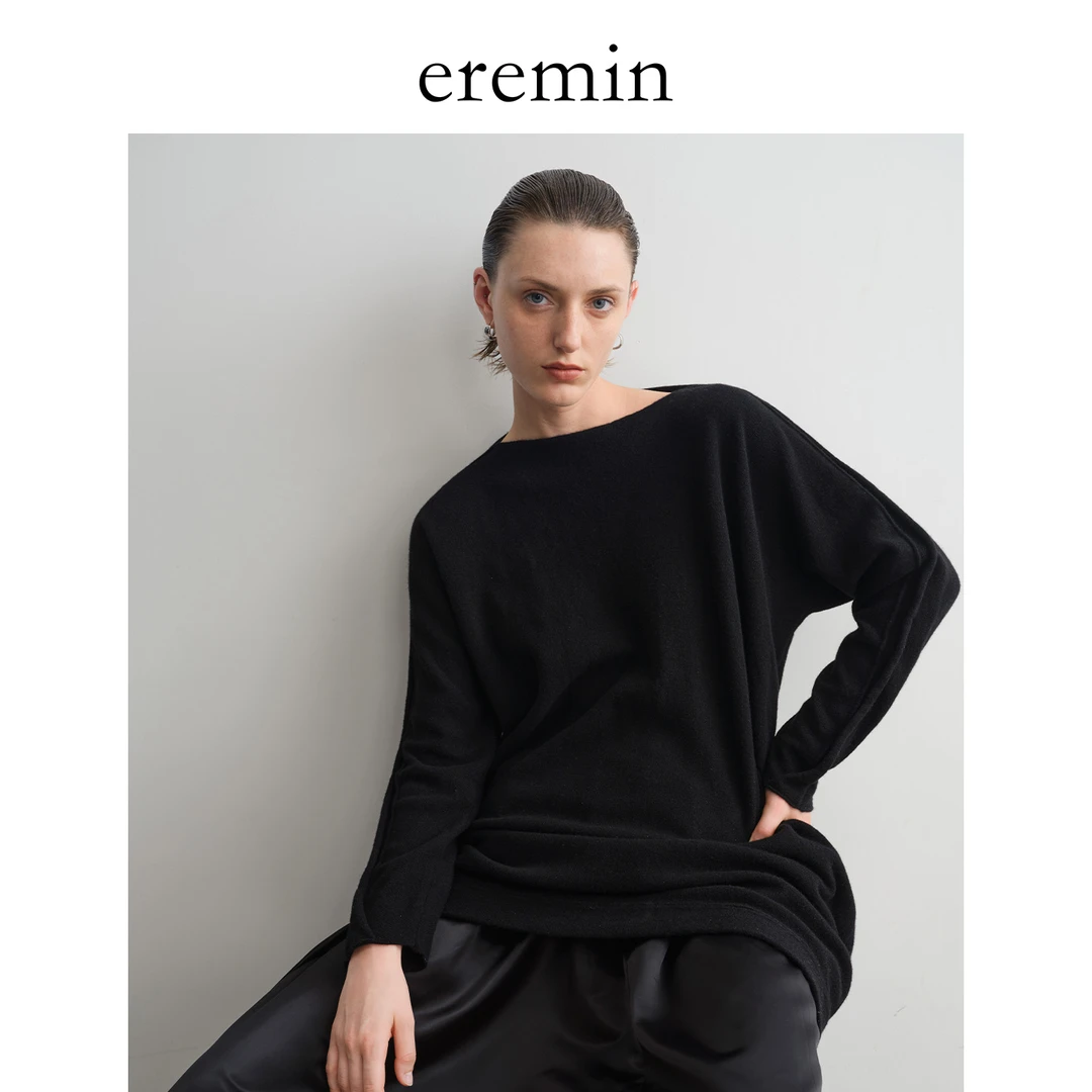 DE Mincollection拼缝毛衣裙/一字领卷边袖显瘦全羊毛毛衣55893