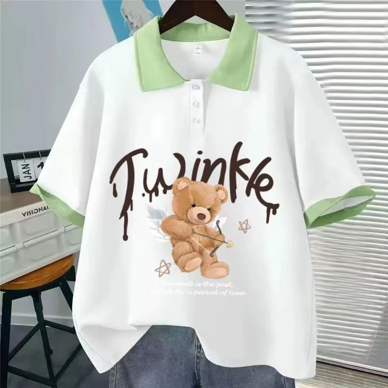 女童中大童甜美可爱夏季POLO领短袖新款宽松字母印花半袖T恤上衣