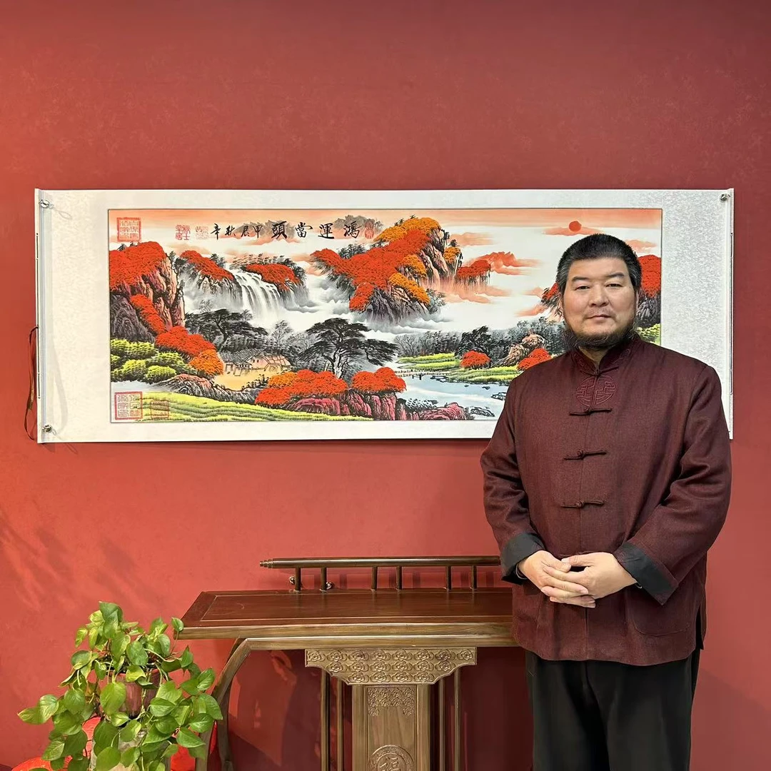 吴秋辛《鸿运当头》国画作品8枚章锦绫白底高72宽206软装裱1B