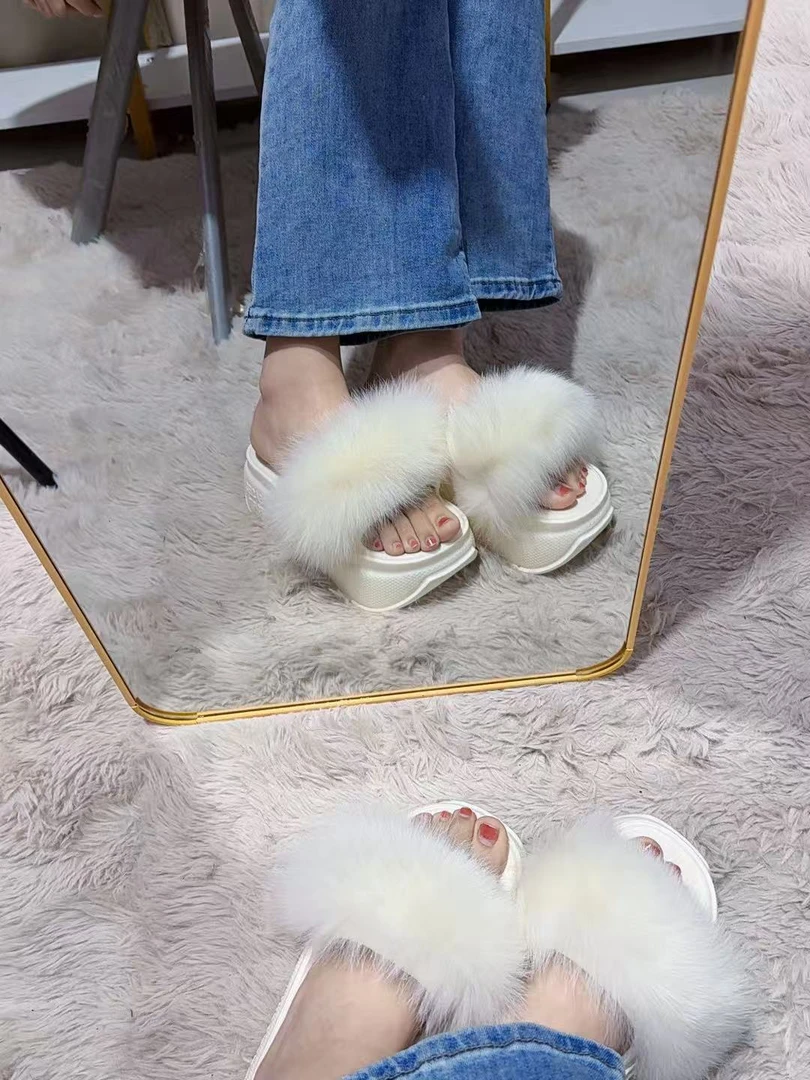 2025夏季真狐狸毛厚底拖鞋柔软舒适防滑网红爆款仙女拖鞋