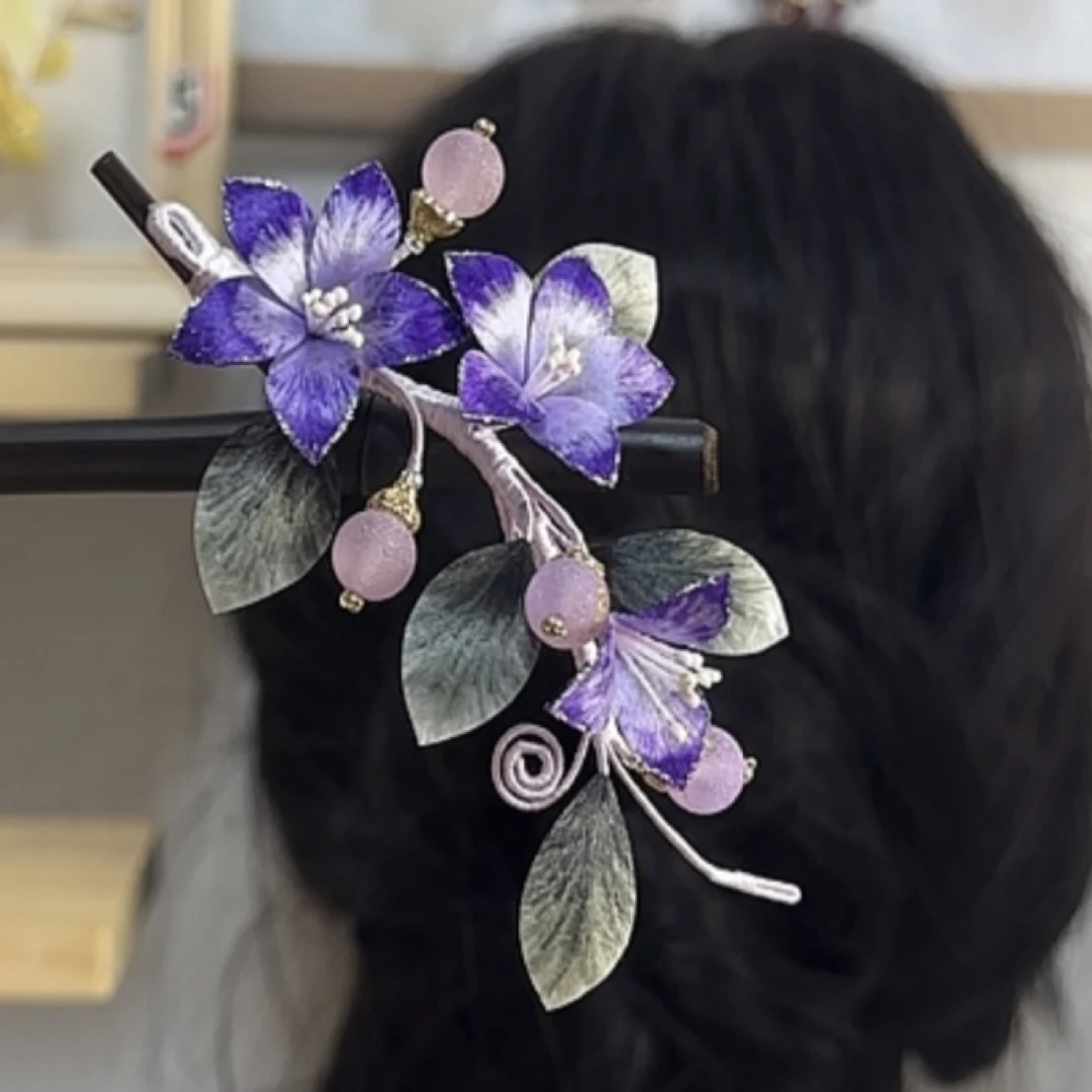 霁月绒花  紫色竹竿非遗手工制作国风汉服