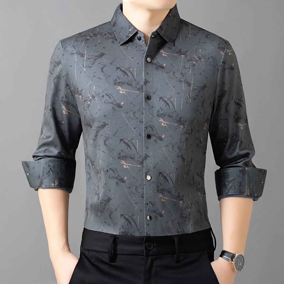 扎染花版333加绒弹力衬衫季长袖中年男休闲保暖