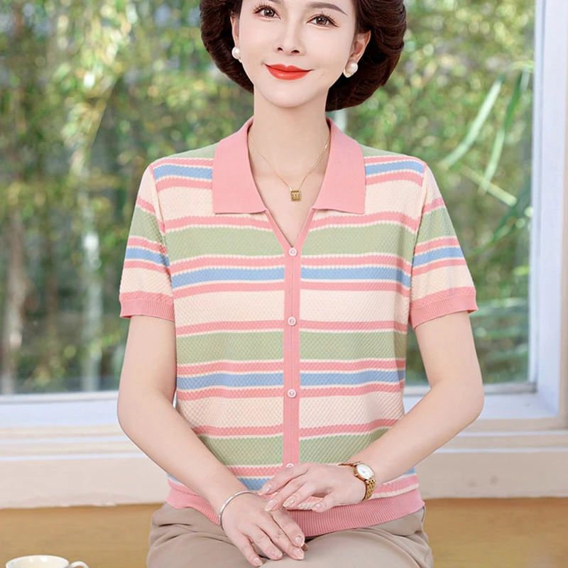 妈妈夏装条纹洋气小衫短袖2025新中老年女装宽松大码翻领针织T恤