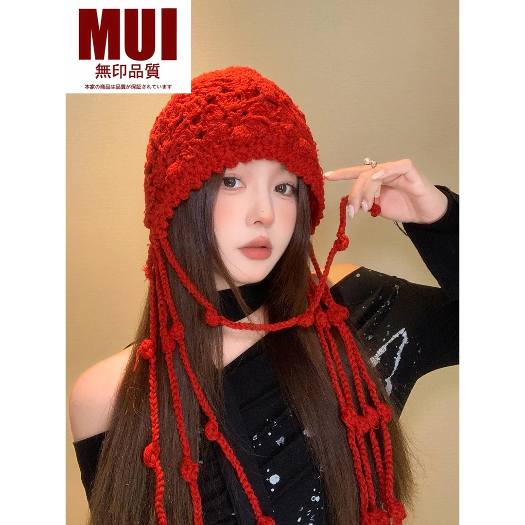 无印MUI品质红色流苏手工钩花针织包头帽中老年女款冬季保暖帽子