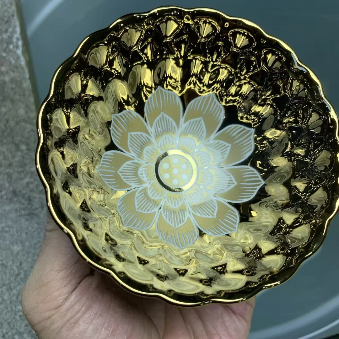 高端茶器家用主人杯金色夜光牡丹花杯