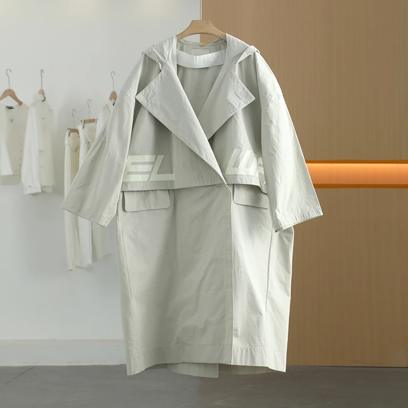 【半价q仓-唐长老自营】货号12081女装米灰色春秋条纹新款长款风衣J