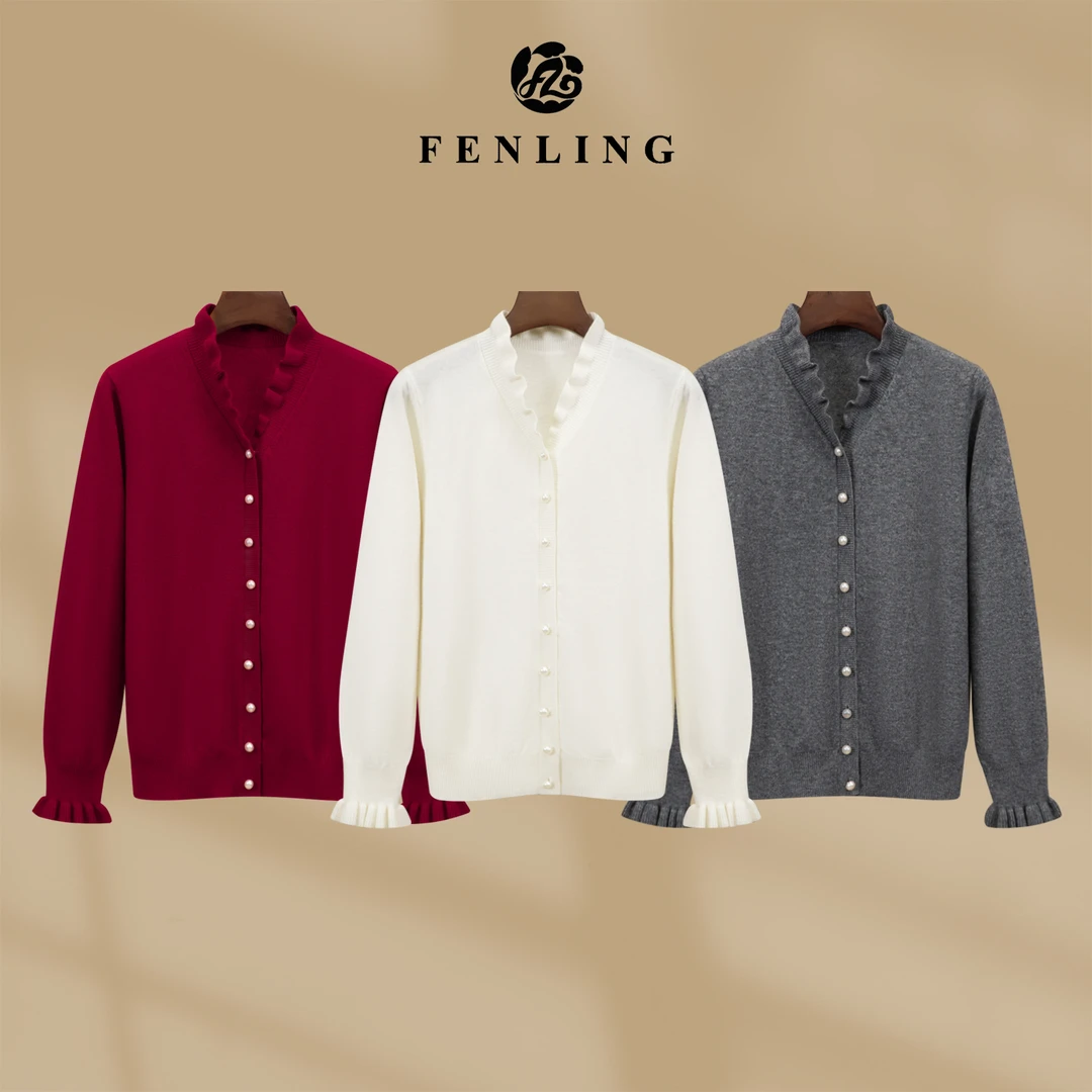 锦意芬领-依恋-暖冬100绵羊毛针织开衫上衣木耳边法式慵懒SY3023