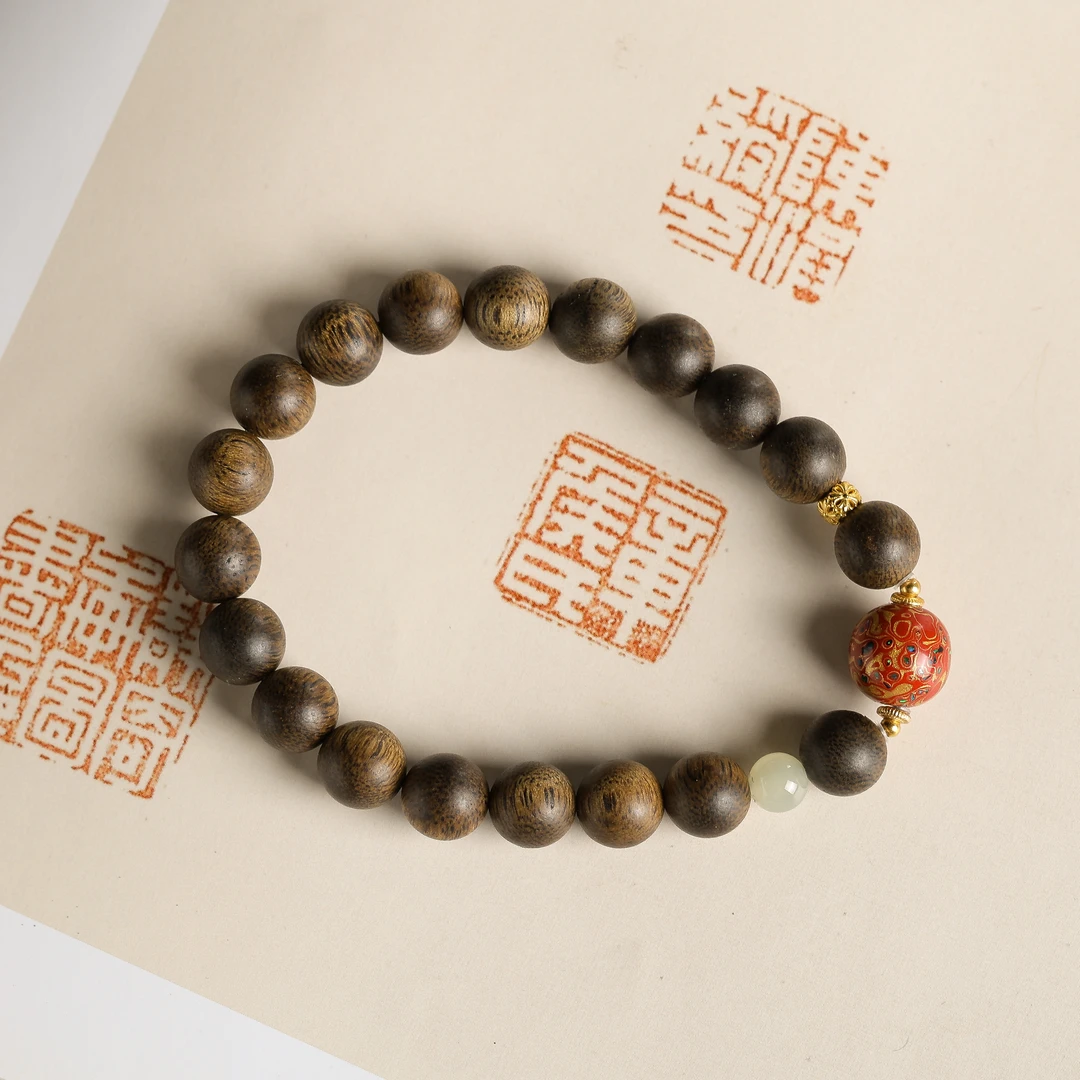 七香文创-沉水帝王紫棋楠单圈搭配大漆珠设计款手串