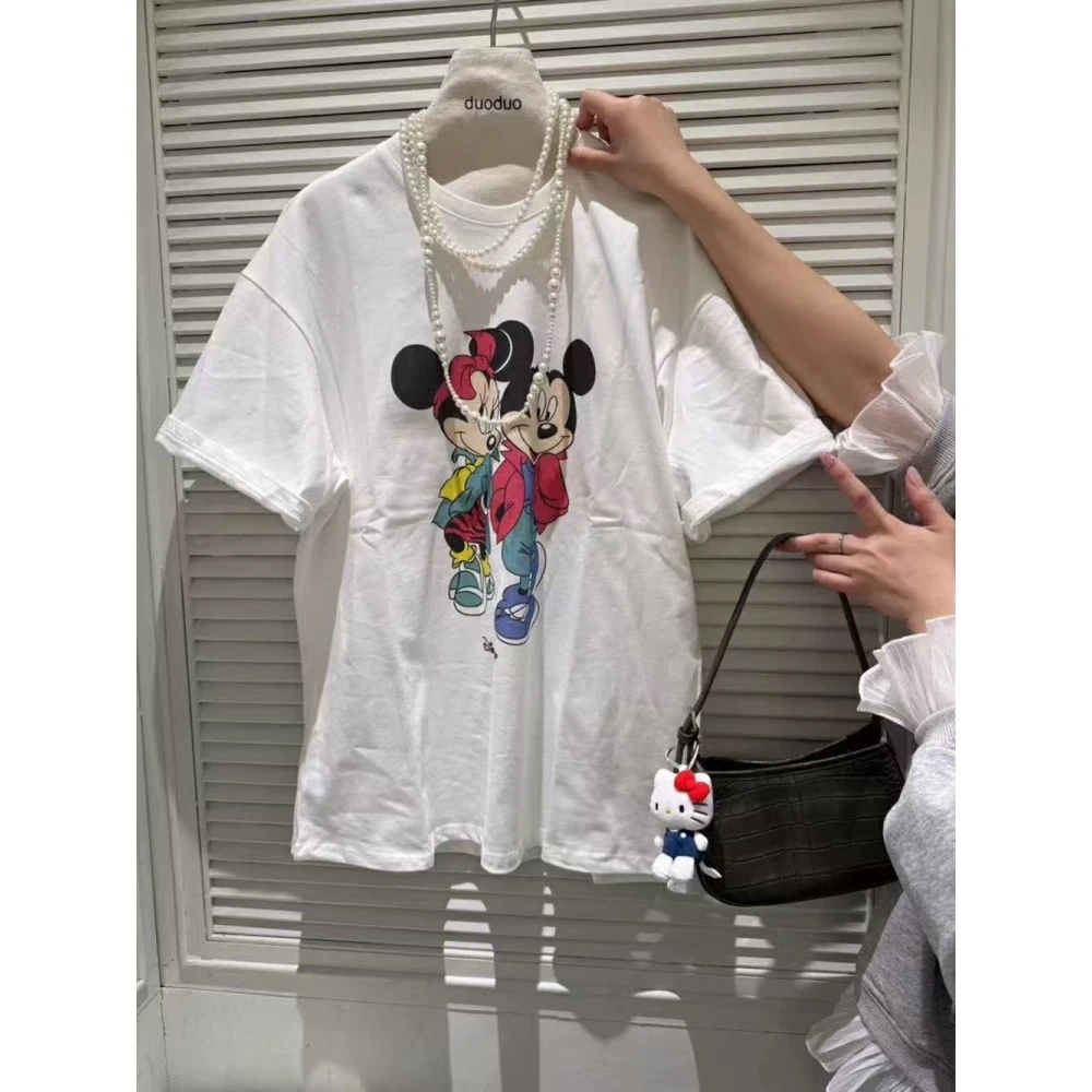米奇和米妮印花圆领宽松短袖T恤女秋季磨毛减龄上衣