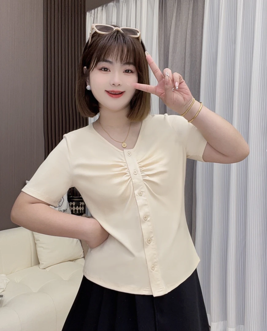 新款大码女装2025春夏气质百搭小众短袖正肩T恤V领设计感时尚