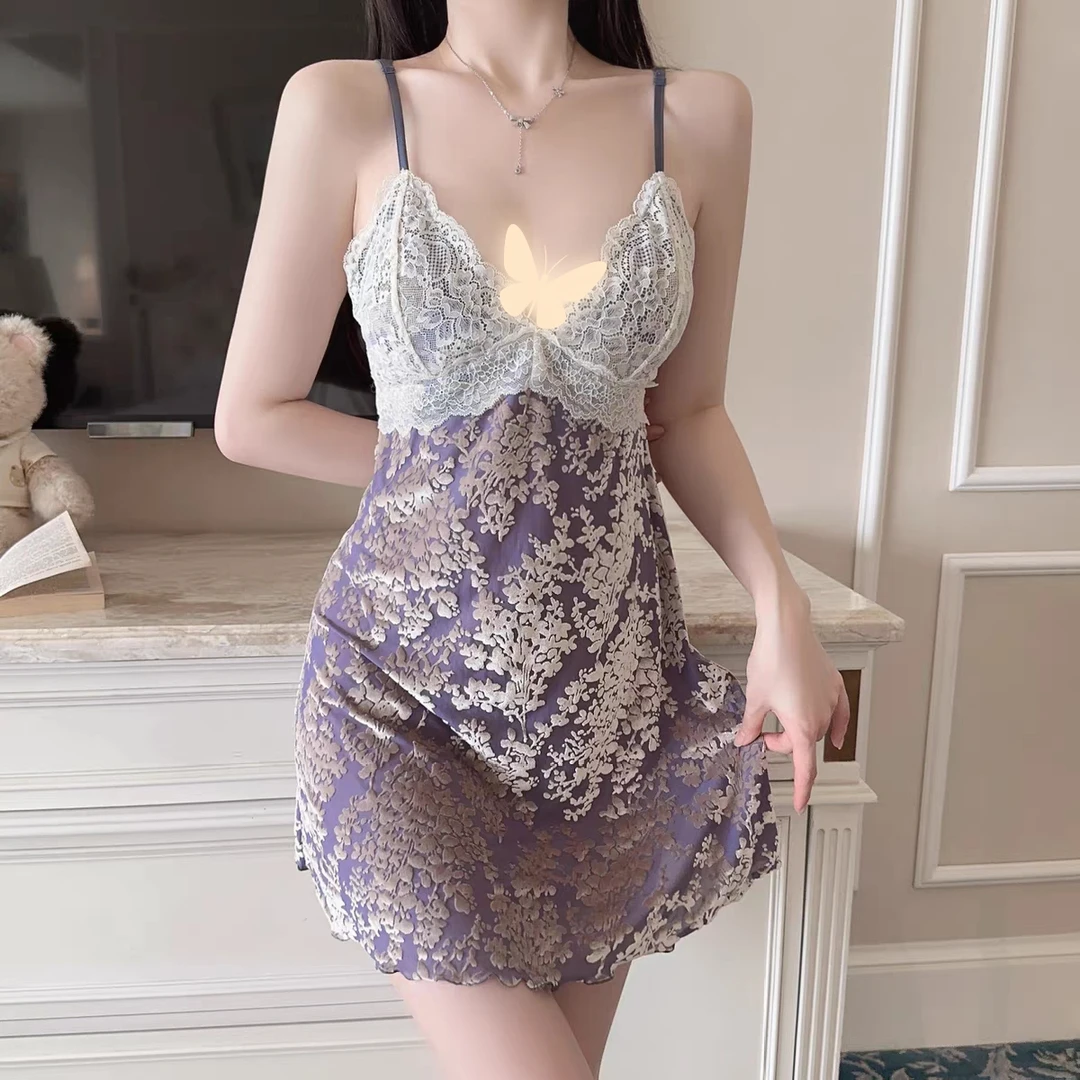 （捕获芳心）80-140斤轻奢甜美蕾丝装饰加胸垫性感丝绒睡裙