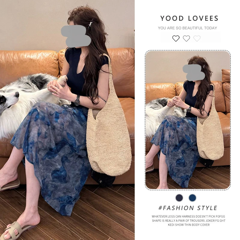 2025夏季新款法式复古印花V领短袖上衣+高腰显瘦半身裙两件套装女