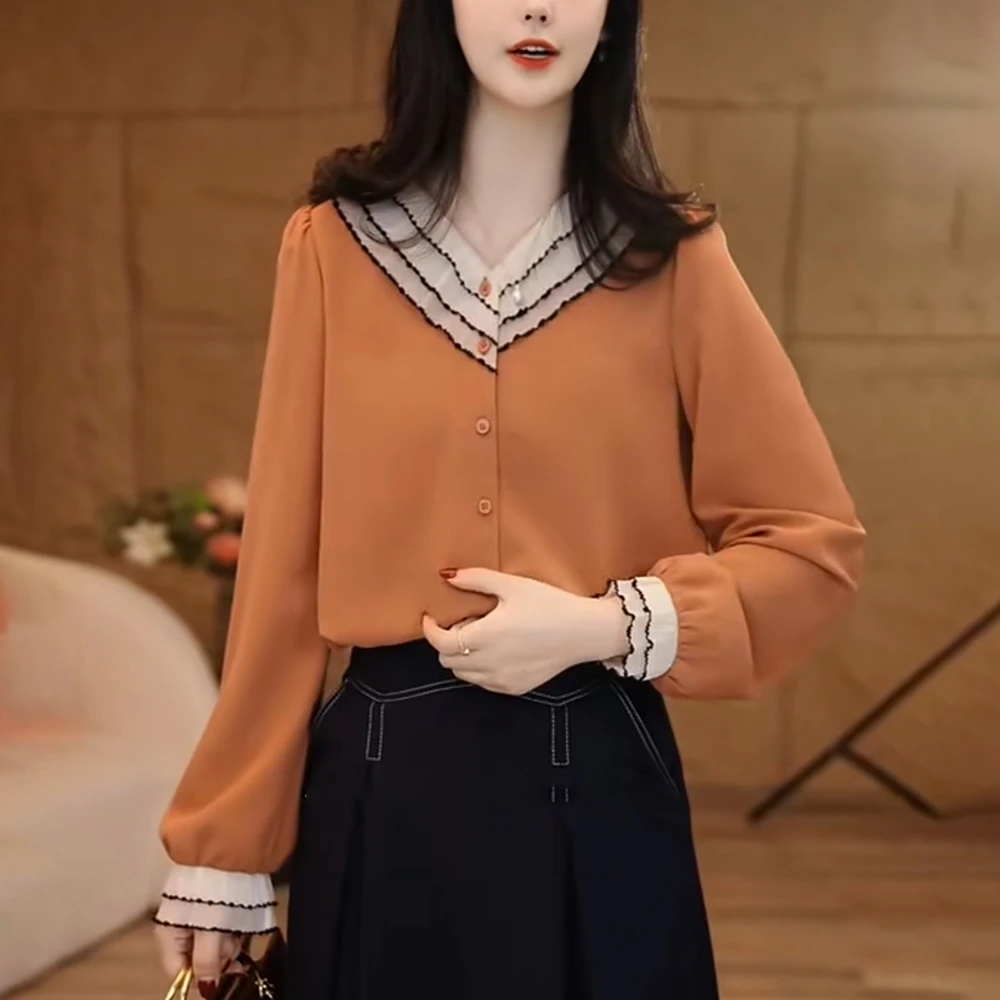法式V领衬衫女秋季2025新款高级设计感宽松洋气减龄木耳花边上衣