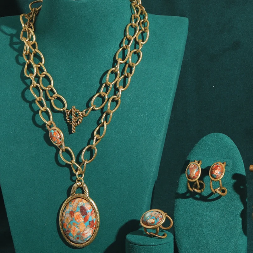 铜合金项链 中古冯项链戒指女不掉色开口指环耳环项链套装高级感