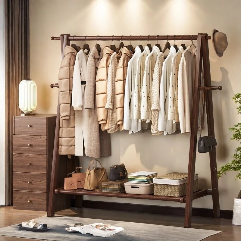 榉木落地衣帽架新款家用客厅卧室挂衣架可折叠不占空间的衣服架子
