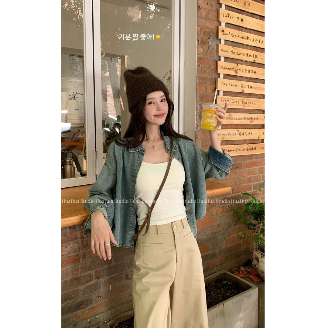 【花花】西部牛仔~复古做旧水洗蓝配流苏包包长袖牛仔短款衬衫外套