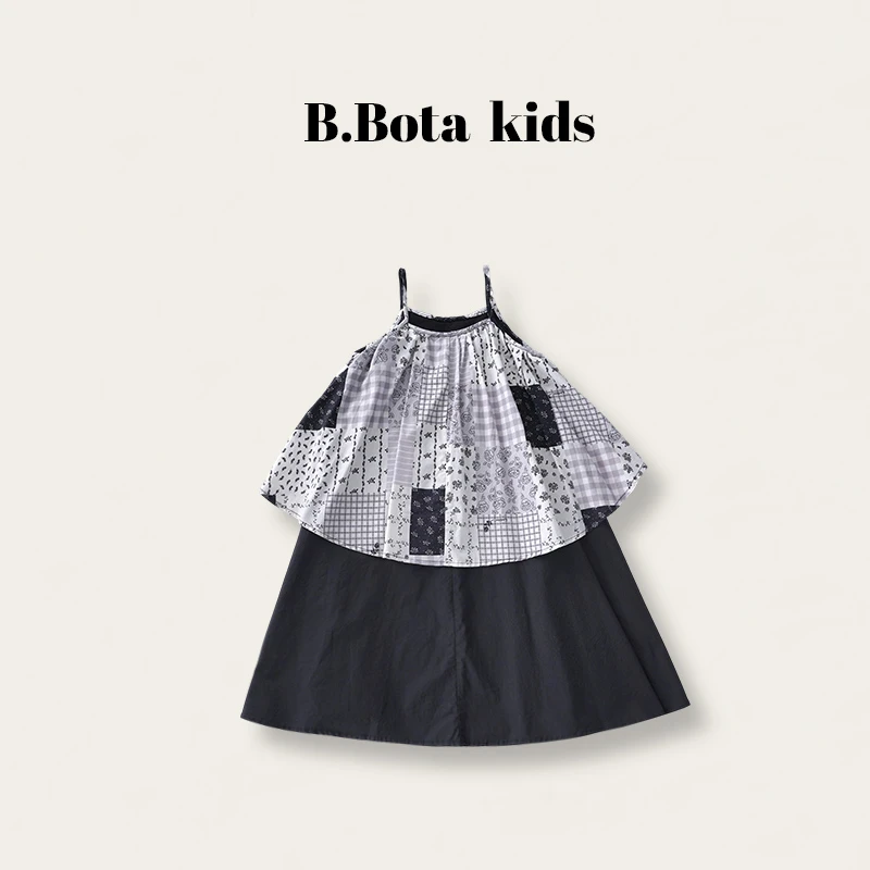 〖姐姐家〗2025夏款儿童萌吊带拼接花布假两件黑底连衣裙bt5805