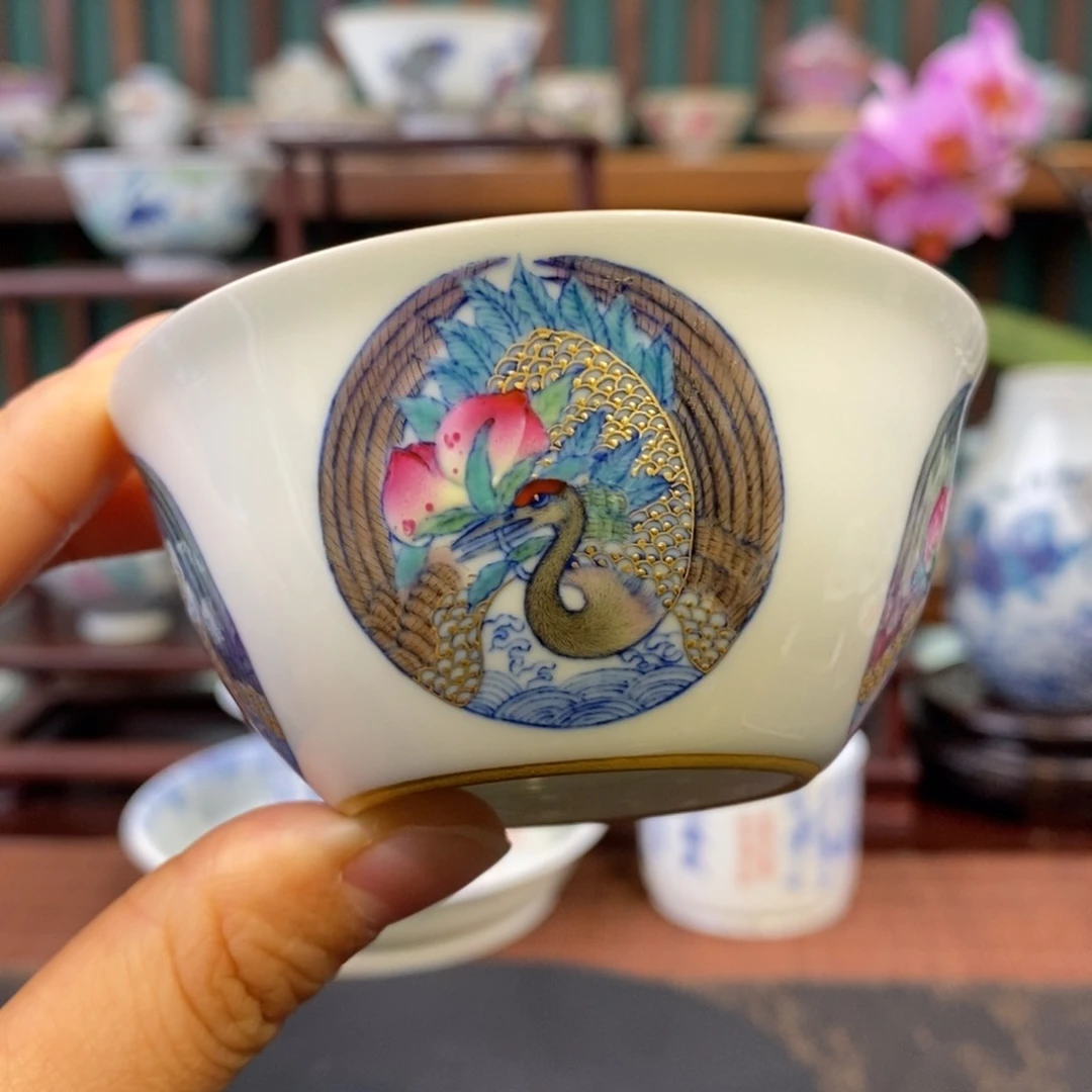 手工陶瓷柴胎斗彩仙鹤祝寿杯