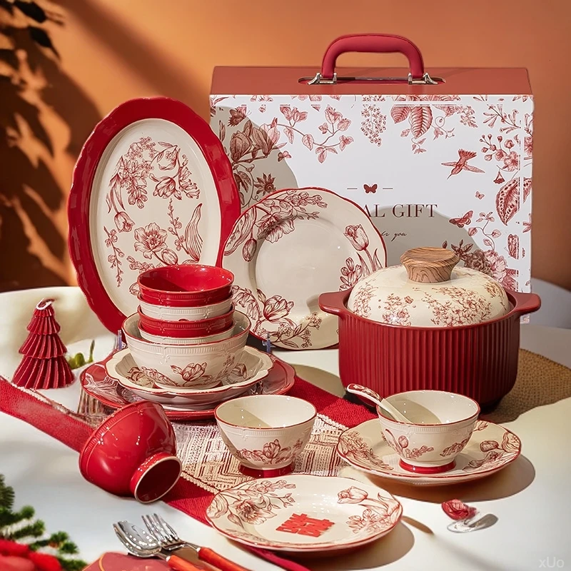 新婚乔迁餐具套装新款红色喜碗喜盘全套新婚礼物送新娘乔迁之喜