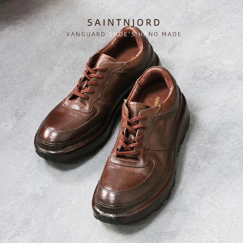 高端马皮鞋手工时尚休闲男老爹板鞋增高厚底水洗德比鞋棕色