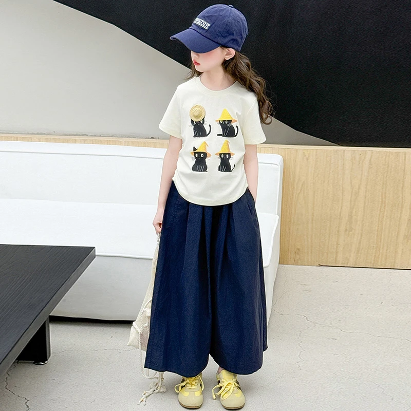 女童夏季阔腿裤套装2025新款女中大童卡通短袖t恤休闲裤裙两件套