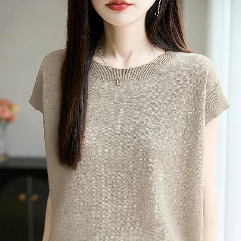 哥弟阿玛施正品夏季纯色针织包肩短袖Tt恤女打底衫洋气圆领上衣薄