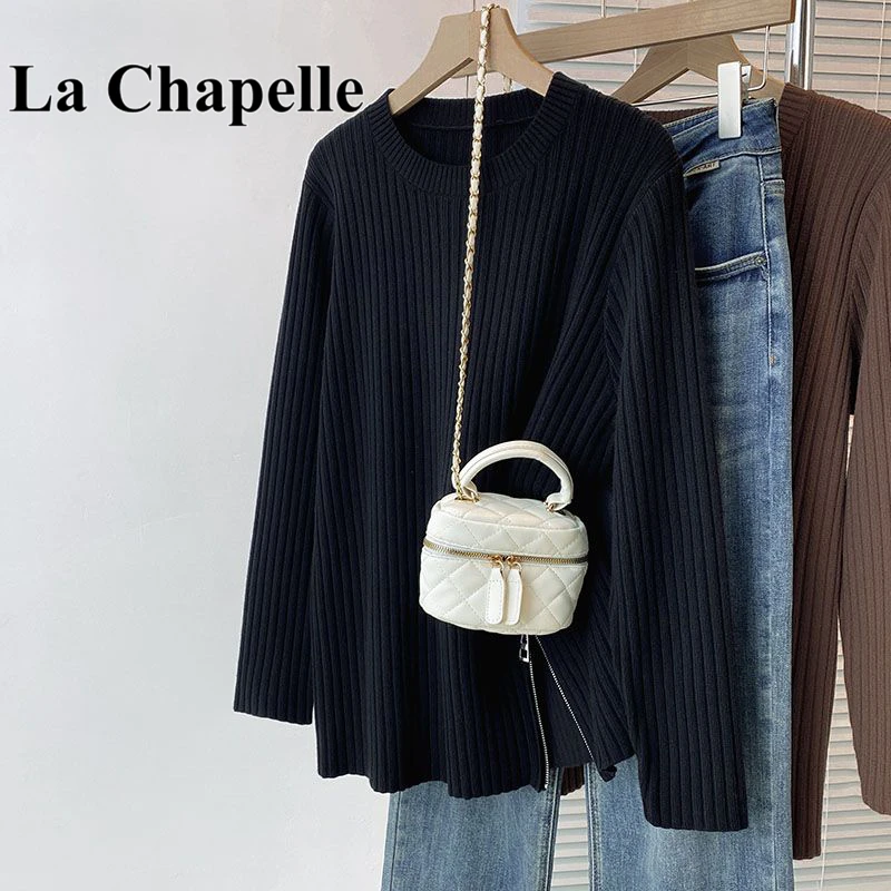 拉夏贝尔设计感开叉拉链套头毛衣女秋冬新款宽松显瘦遮肚针织上衣