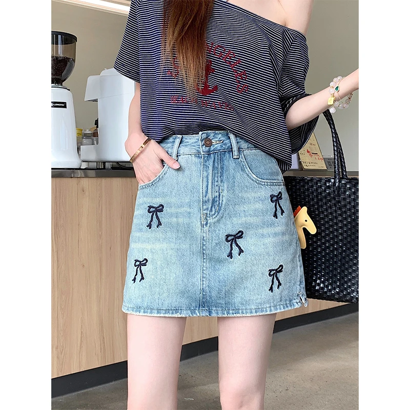 大码刺绣复古牛仔半身裙女夏季胖mm高腰显瘦包臀a字短裙子