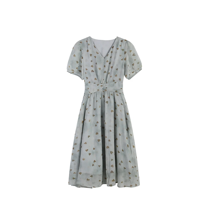 蓝绿色长款夏季碎花修身连衣裙印花时尚收腰显瘦女款裙子ZL108897