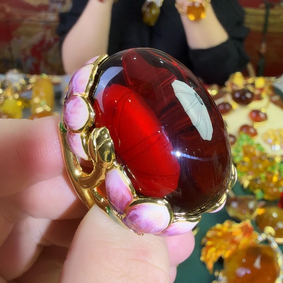 血珀银S925镀金镶嵌戒指