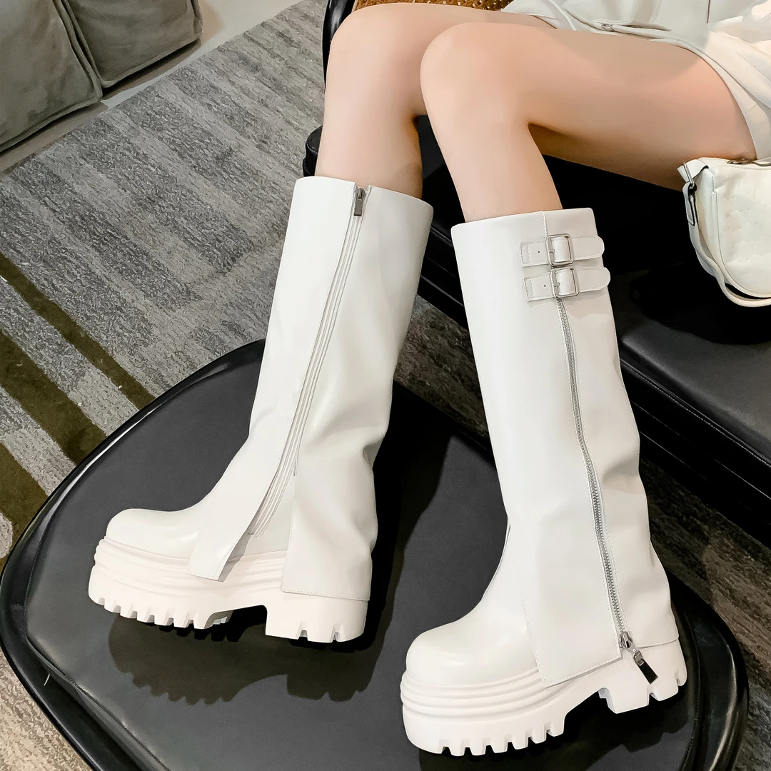 小个子隐形内增高14cm真皮裤管靴女秋冬厚底百搭时装靴显瘦高筒靴