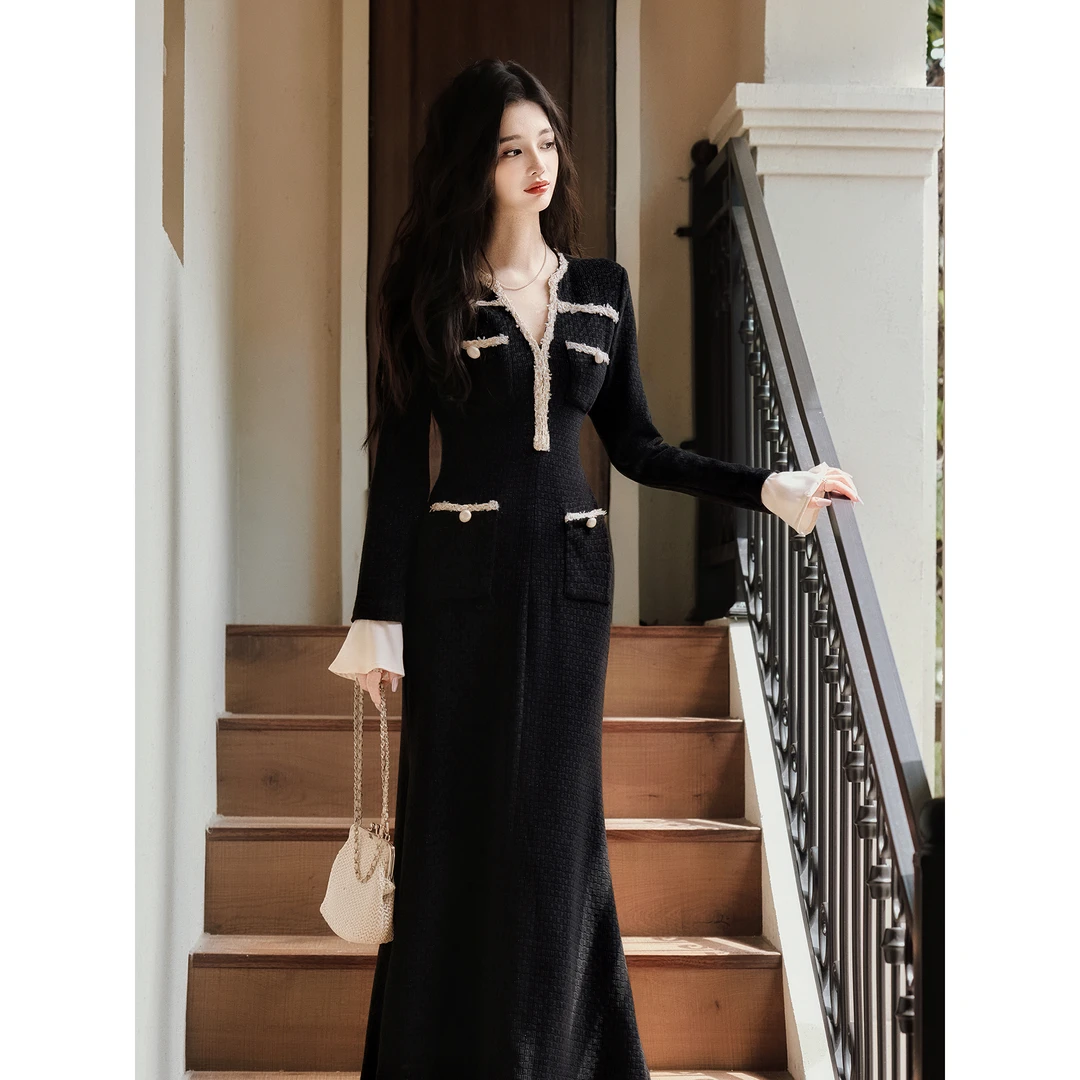 秋冬巨好看的黑色小香风连衣裙温柔气质高级感特别漂亮掐腰长裙子