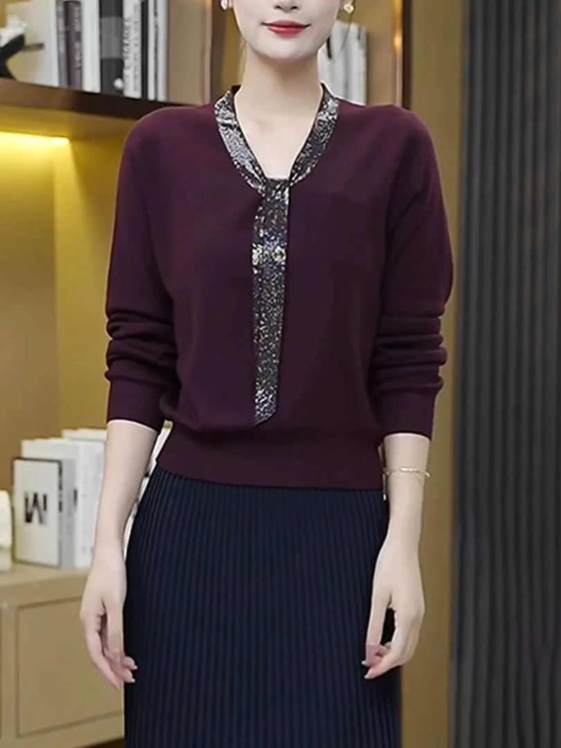 欧货2025秋冬新款优雅气质翻领丝巾针织毛衣宽松显瘦洋气上衣女