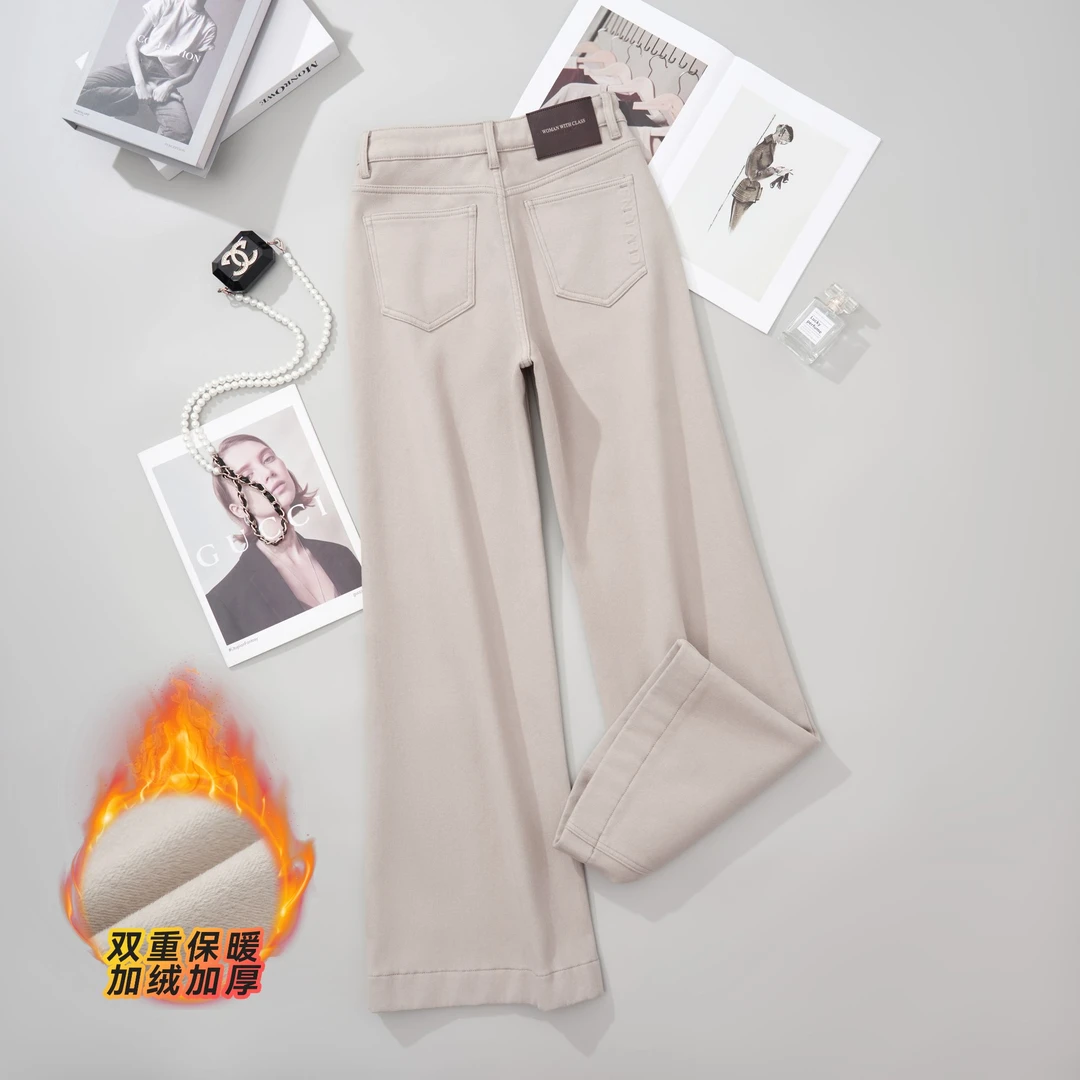 秋冬加厚弹力显瘦高腰奶茶色直筒喇叭裤女不掉色牛仔裤女韩版时尚