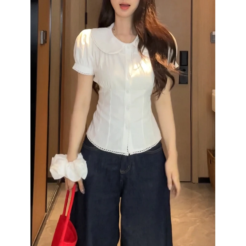 法式白色娃娃领衬衫女夏季2025新款设计感收腰修身短款短袖上衣
