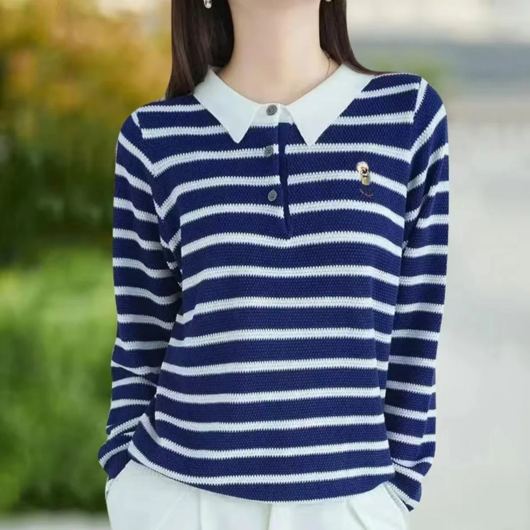 时髦减龄！法式撞色条纹长袖PoLo领2025年秋冬气质休闲刺绣上衣