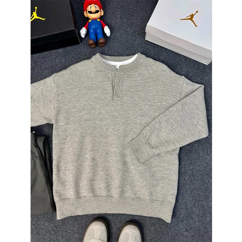 浅灰色亨利领毛衣男款冬季高级感慵懒风针织衫美式潮牌保暖打底衫