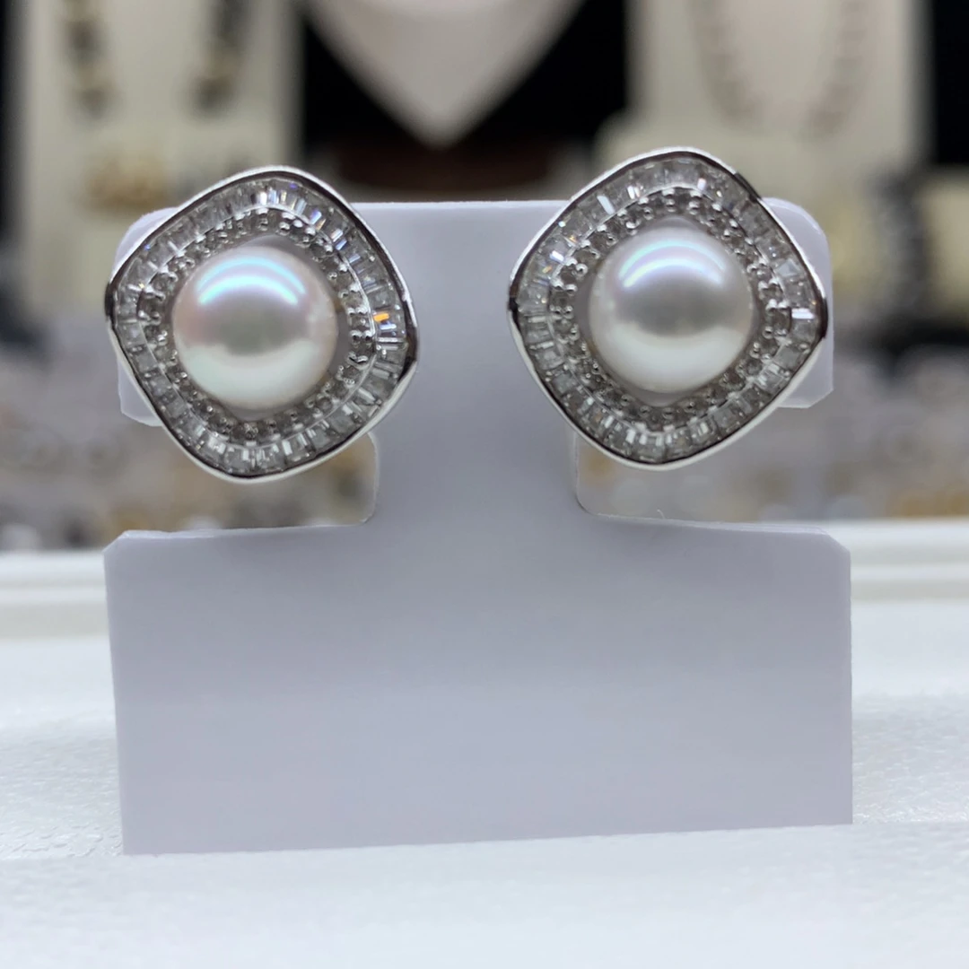 海水珍珠耳饰银S925镶嵌7-7.5mm海水珍珠耳钉